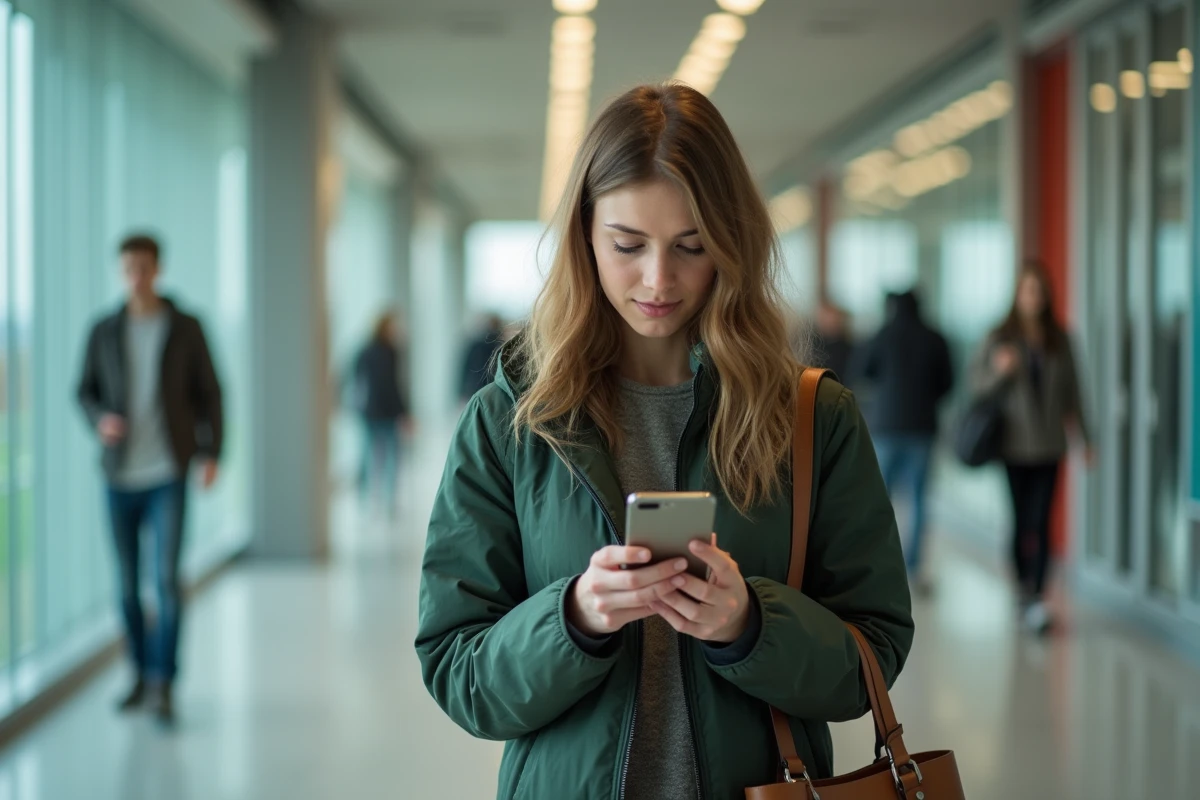 Jeune professeure vérifiant son webmail académique sur smartphone dans un couloir d'établissement scolaire