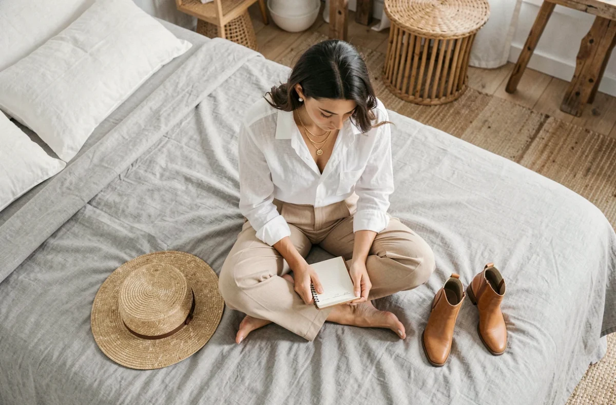 Femme assise en tenue casual avec des accessoires de mode disposés autour d'elle sur un lit en lin gris clair, vue du dessus