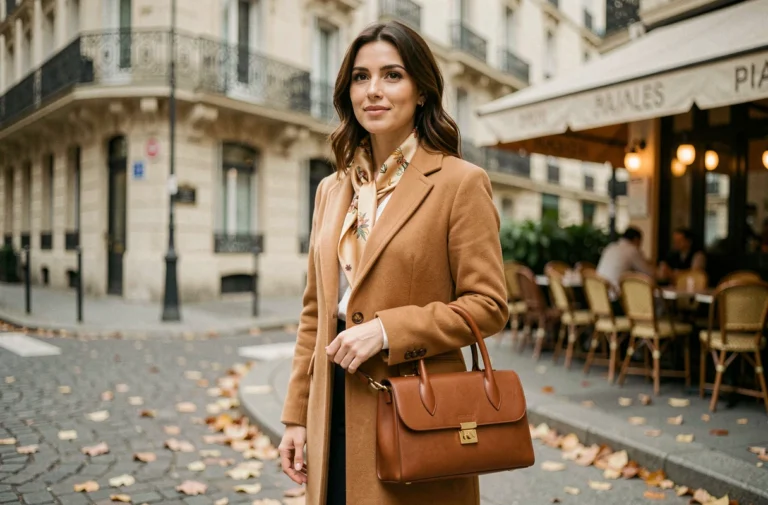 Femme élégante portant un manteau camel, un foulard en soie et un sac en cuir cognac dans une rue parisienne en automne