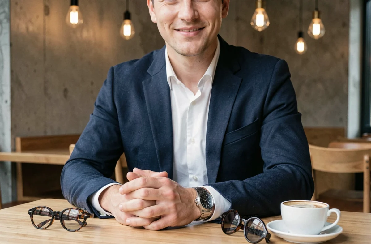 Homme élégant dans un café minimaliste portant un blazer marine, une montre acier et des lunettes de soleil en acétate écaille