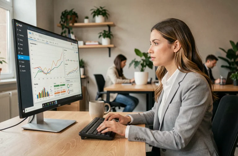 Analyste SEO femme en blazer gris examinant des graphiques de performance sur un écran dans un bureau moderne