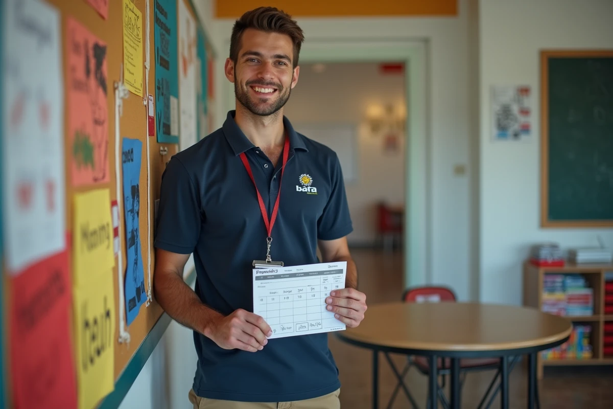 Animateur BAFA souriant devant affichage d