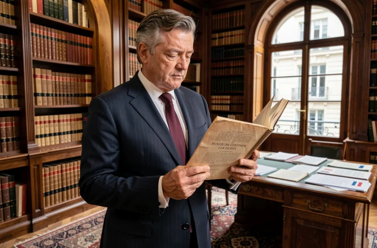 Avocat français tenant la Constitution dans une bibliothèque juridique parisienne, illustrant l'article 16 et les pouvoirs exceptionnels du président de la République