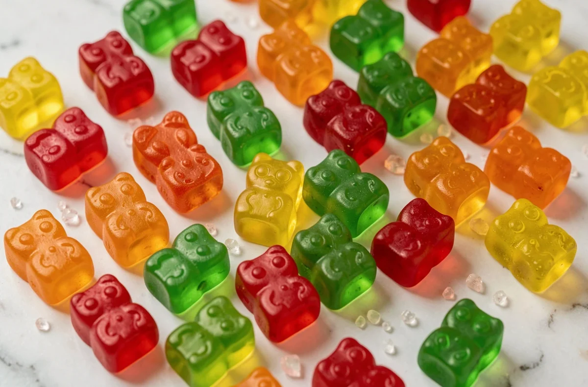 Assortiment de bonbons Haribo oursons multicolores photographiés en vue aérienne sur marbre blanc