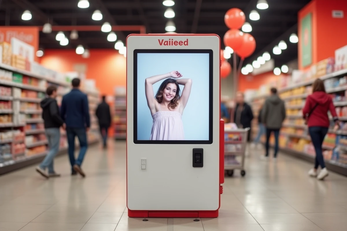 Borne photo Leclerc dans un hypermarché français avec interface tactile et imprimante intégrée