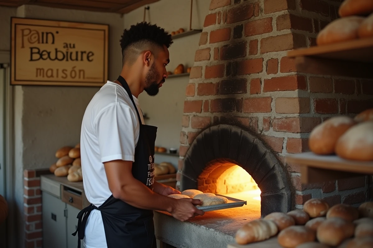 Boulanger guadeloupéen enfournant des pains au beurre dans une boulangerie artisanale traditionnelle