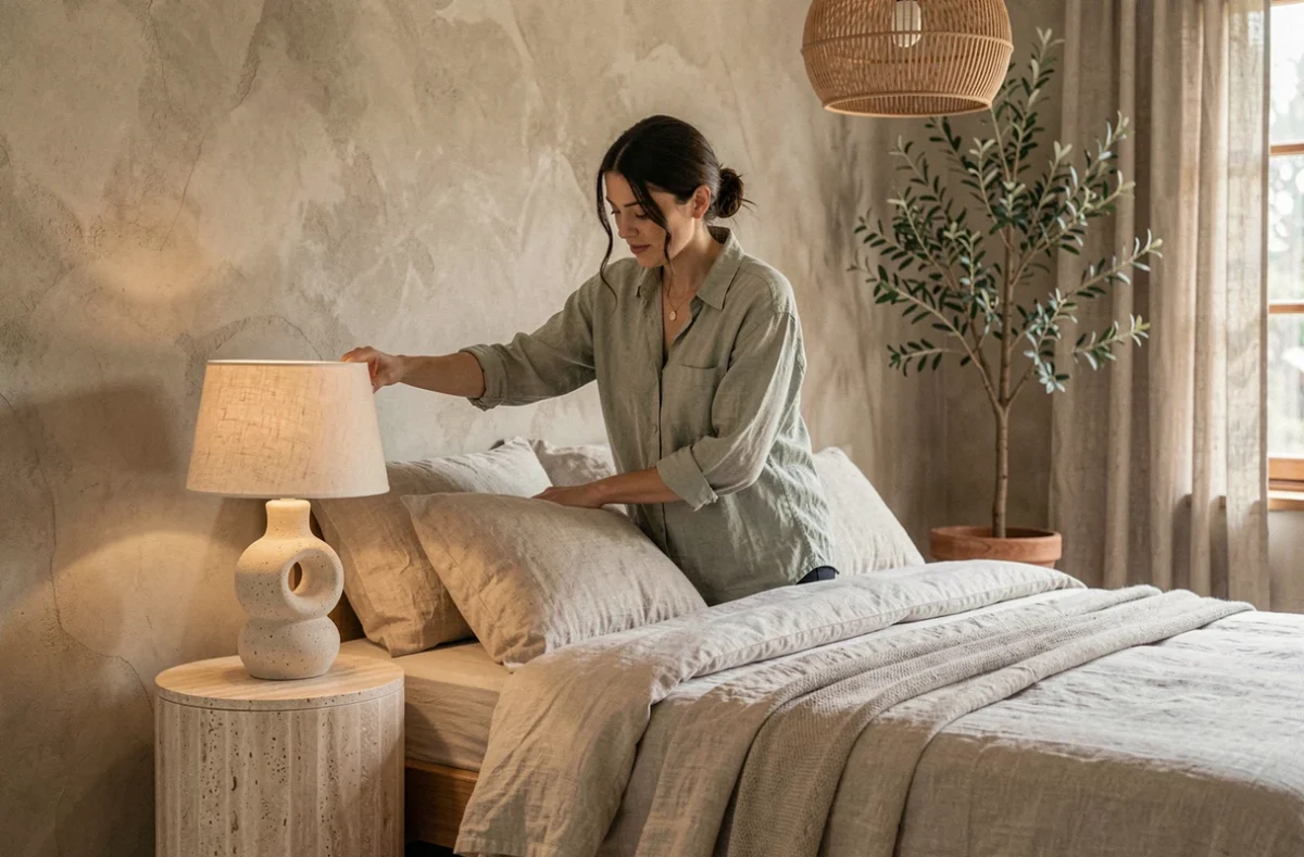 Femme arrangeant une lampe céramique dans une chambre aux murs en plâtre brut et literie lin neutre, tendances décoration intérieur chic