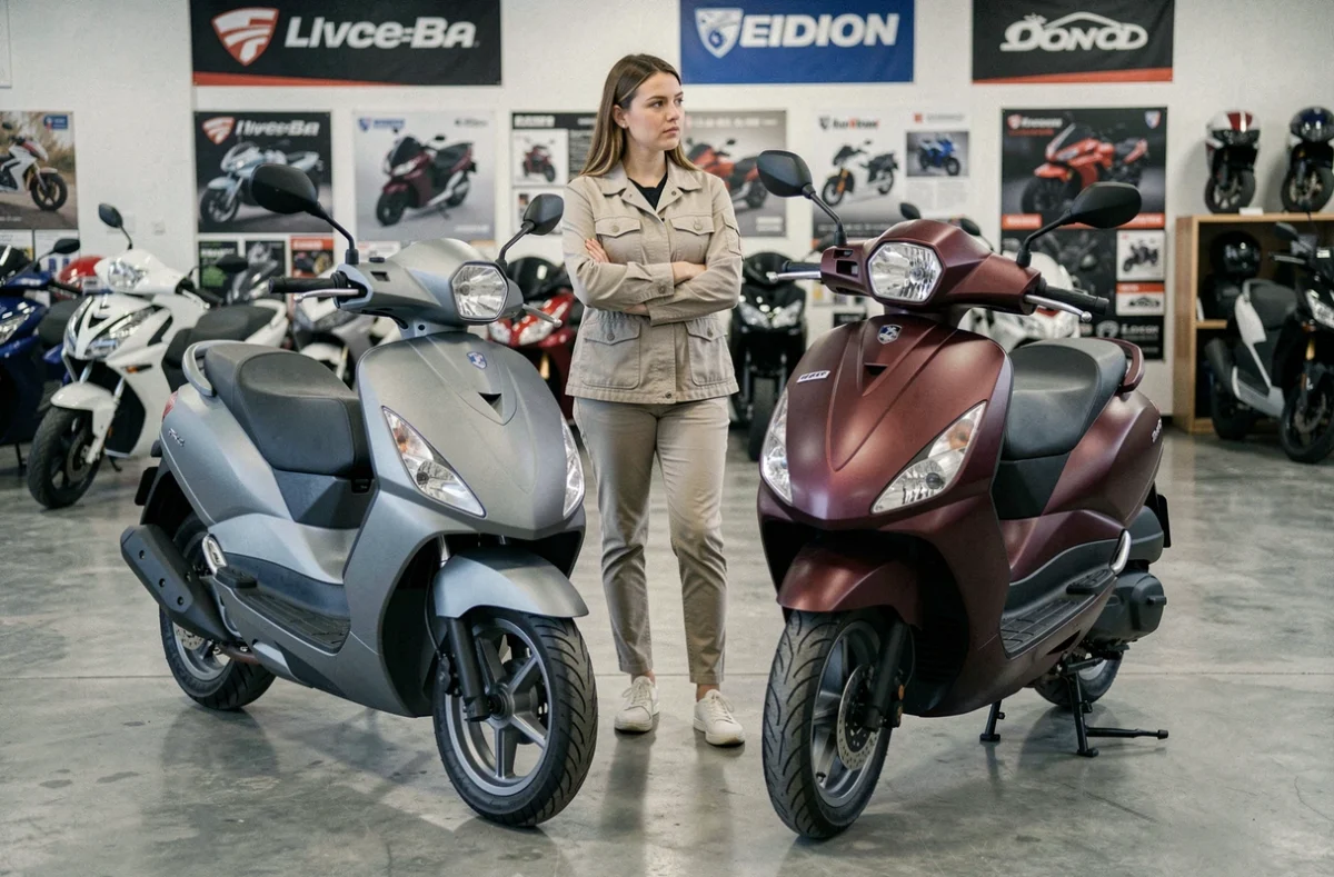 Femme choisissant entre un scooter 300 et 400 cm3 dans une concession moto, guide d'achat 2026