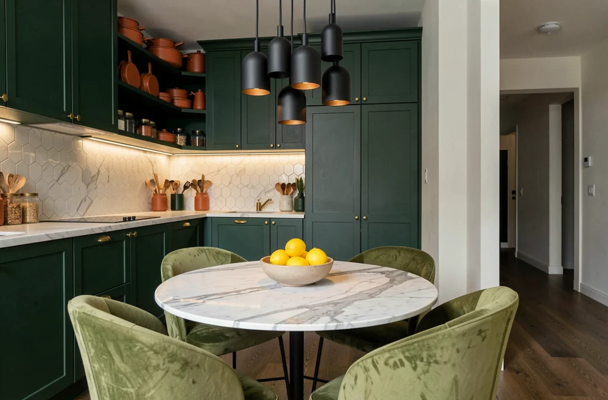 Coin repas moderne avec table en marbre, chaises velours vert olive et carreaux zellige, tendances décoration cuisine élégante