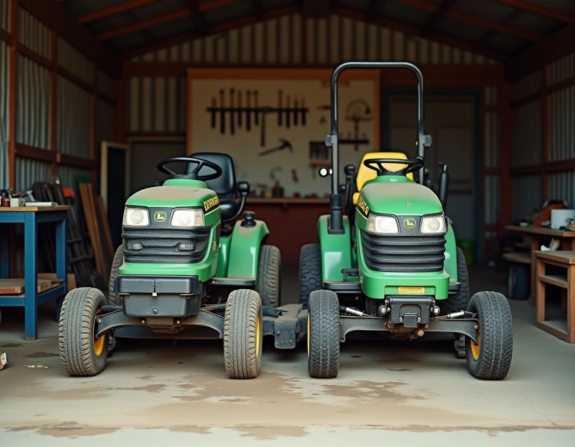 Débroussailleuse autoportée et tracteur tondeuse côte à côte dans un hangar agricole pour comparaison