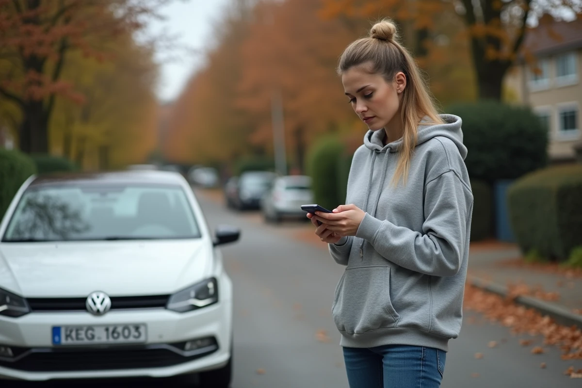 Femme inquiète consultant son téléphone devant sa Volkswagen Polo 5 avec le capot ouvert dans une rue résidentielle