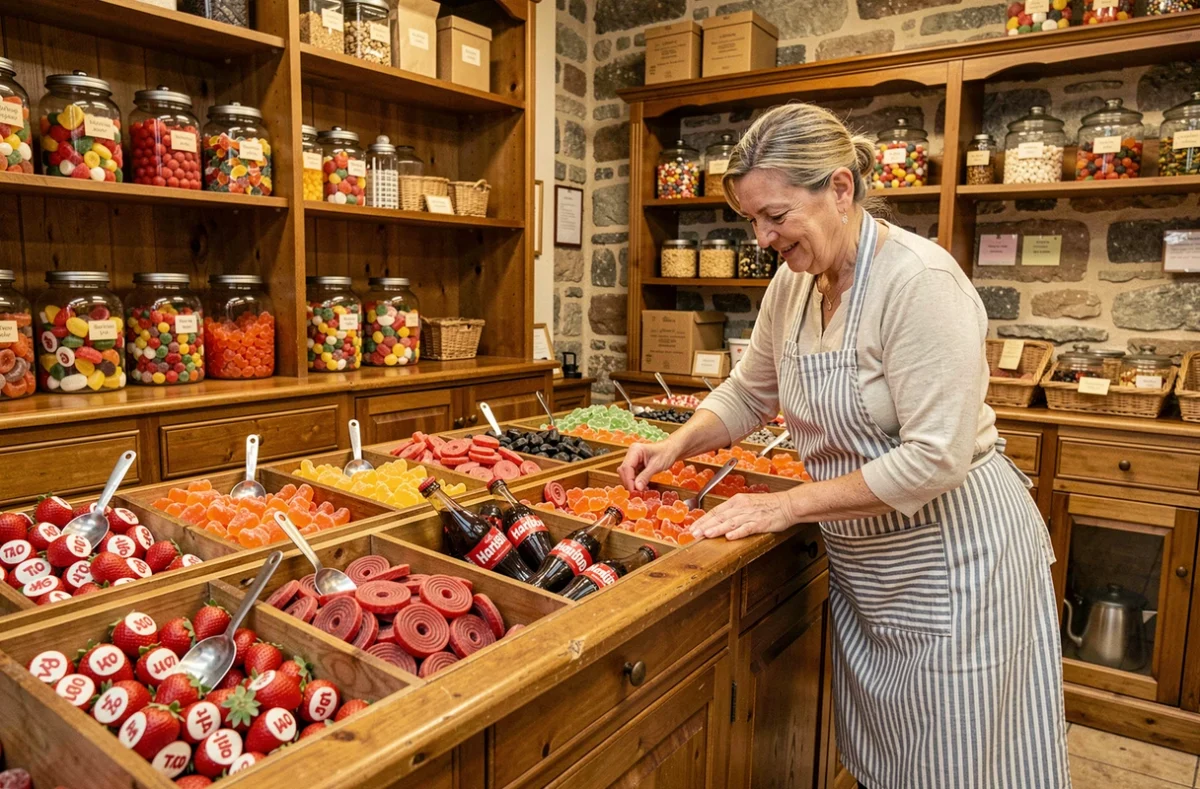 Confiserie française traditionnelle avec des bacs de bonbons Haribo variés et une vendeuse souriante derrière le comptoir