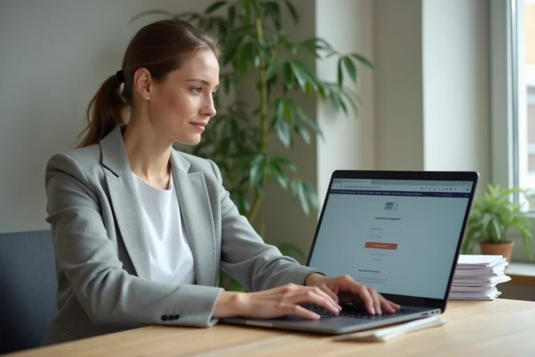 Enseignante de l'académie de Lyon se connectant au webmail sur son ordinateur portable au bureau
