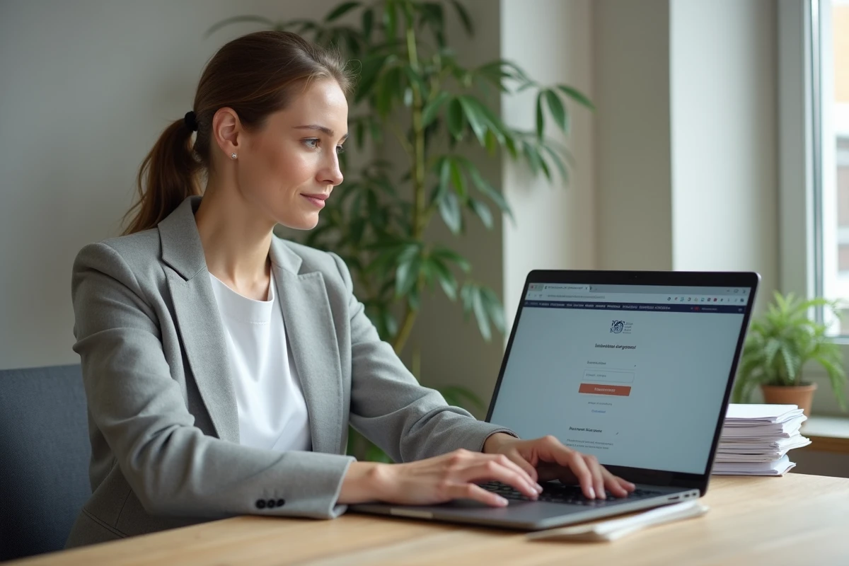 Enseignante de l'académie de Lyon se connectant au webmail sur son ordinateur portable au bureau