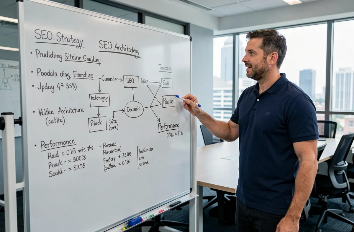 Consultant SEO masculin présentant une stratégie d'optimisation sur un tableau blanc dans une salle de réunion tech