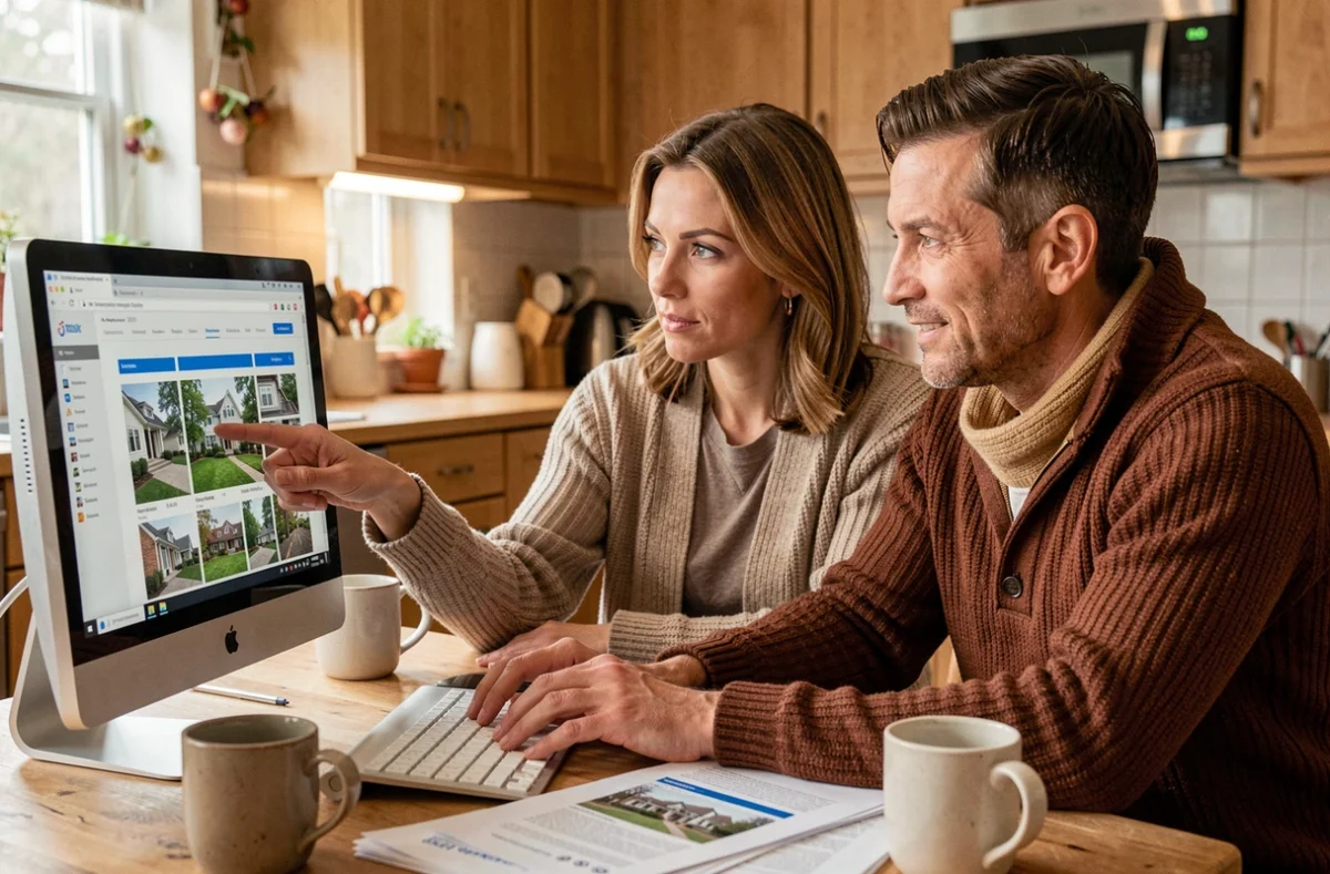 Couple recherchant des biens immobiliers ensemble sur un ordinateur de bureau dans une cuisine chaleureuse