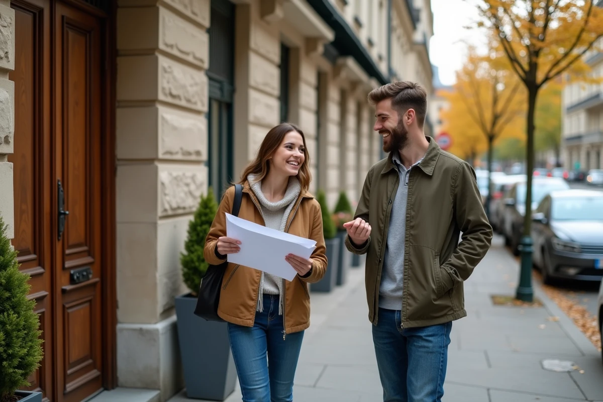 Couple devant l'entrée d'un immeuble résidentiel tenant des documents de location avec un air satisfait