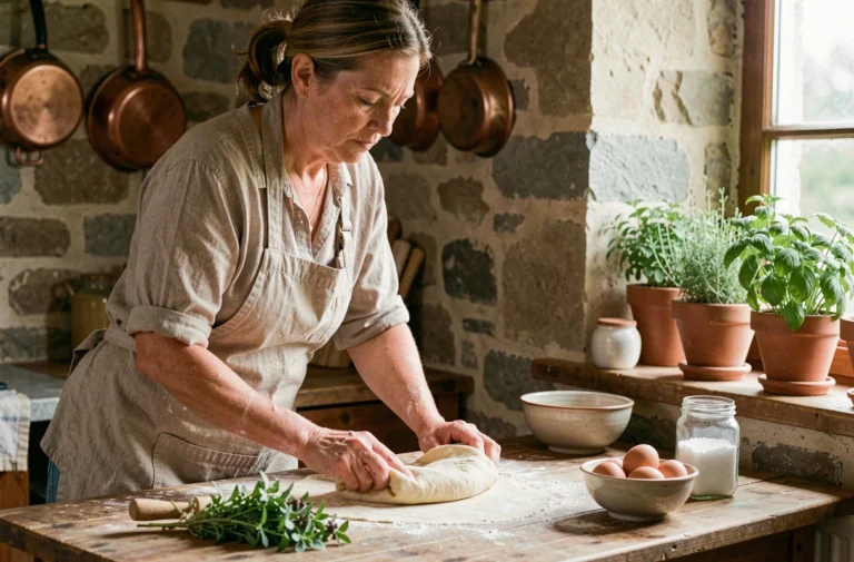 Femme préparant une pâte maison dans une cuisine rustique familiale avec des herbes fraîches et des ustensiles en cuivre