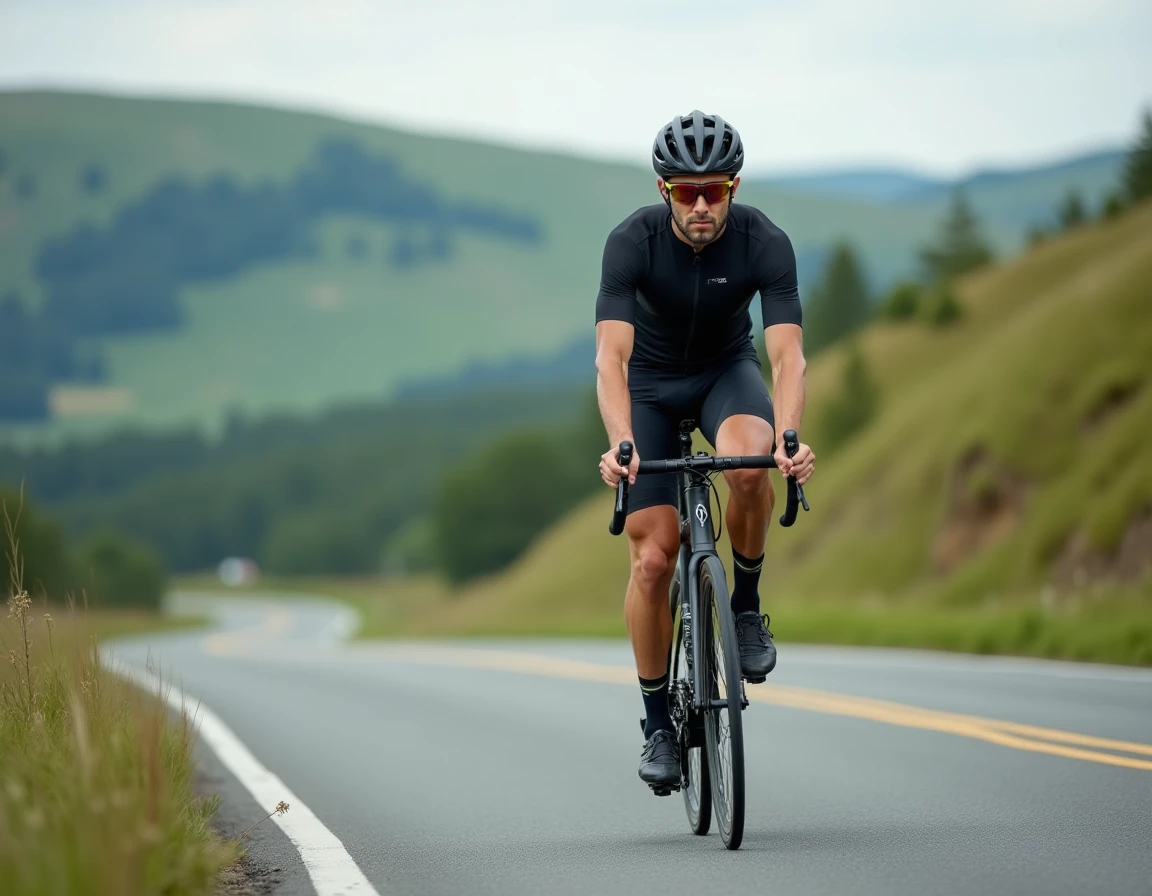 Cycliste en plein effort sur un Scott Speedster 60 sur route asphaltée avec paysage vallonné en arrière-plan, vue latérale en action