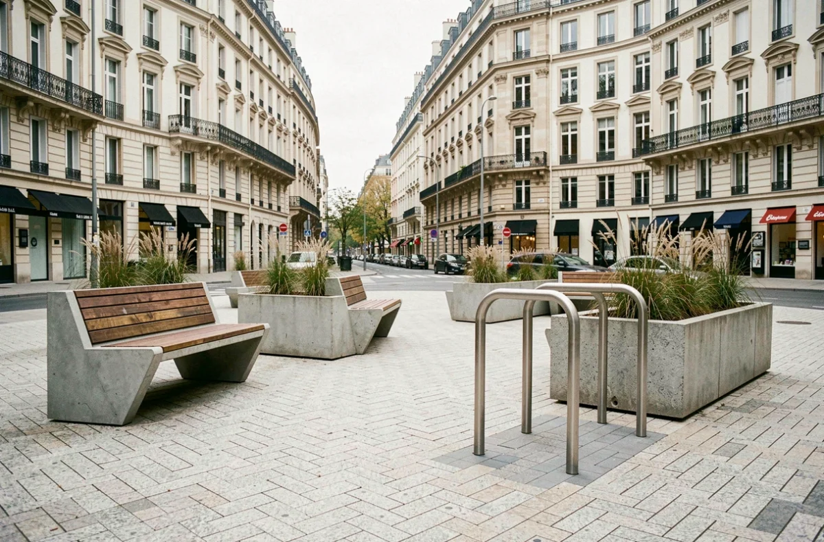 Mobilier urbain design contemporain dans une place européenne avec bancs en béton, jardinières modulaires et râtelier à vélos en acier brossé