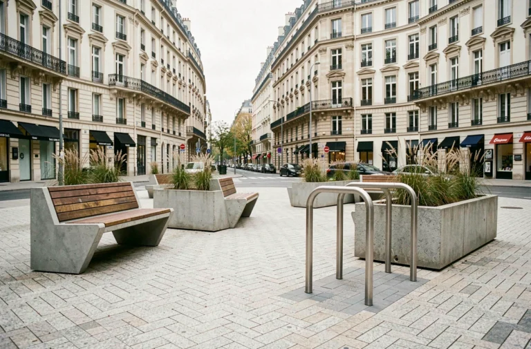 Mobilier urbain design contemporain dans une place européenne avec bancs en béton, jardinières modulaires et râtelier à vélos en acier brossé