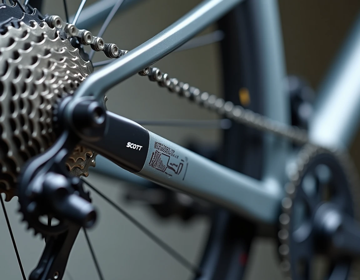 Gros plan sur le groupe et la transmission du Scott Speedster 60, détail du dérailleur Shimano et du pédalier sur fond de cadre aluminium