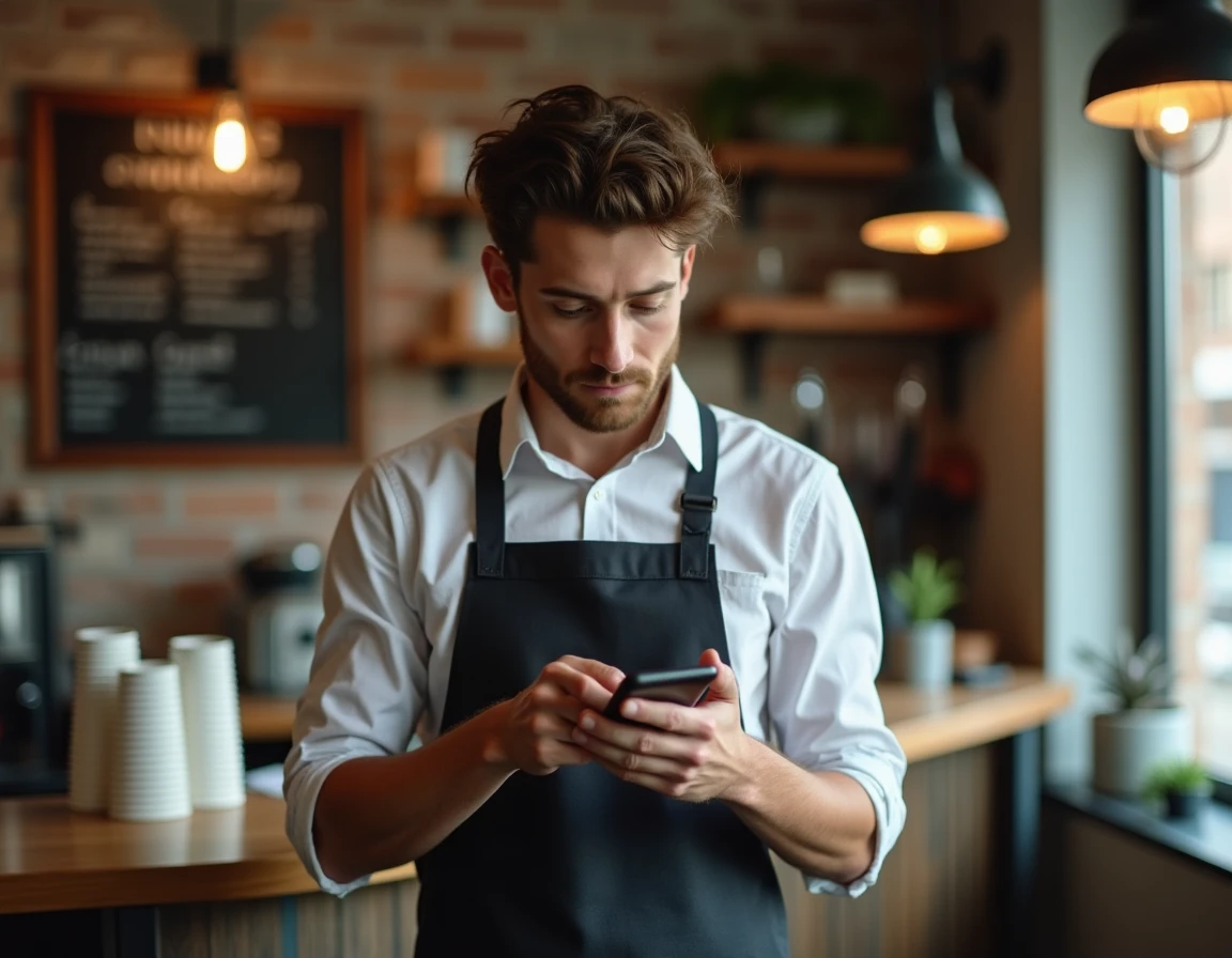 Étudiant salarié consultant les conditions de bourse sur son téléphone pendant une pause au café