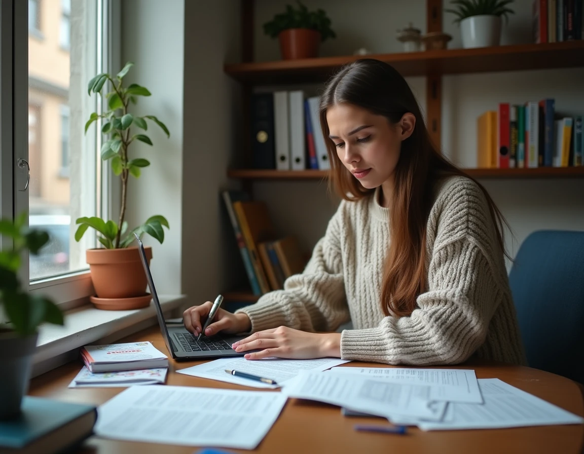 Étudiante consultant ses documents de bourse et planning de travail à son bureau dans un appartement étudiant