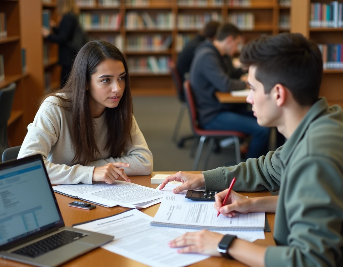 Deux étudiants travaillant ensemble sur la compatibilité entre emploi étudiant et bourse dans une bibliothèque universitaire