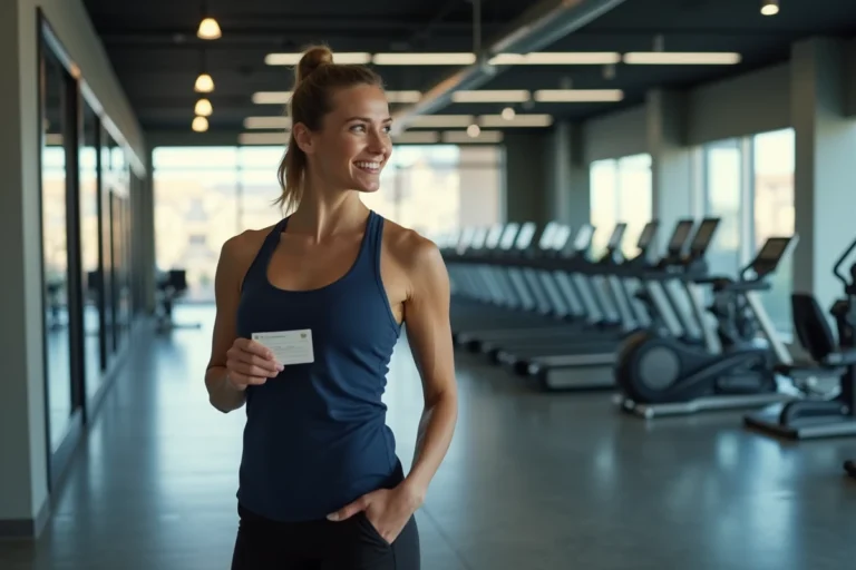 Femme souriante tenant une carte d'abonnement Basic-Fit à l'entrée d'une salle de sport moderne