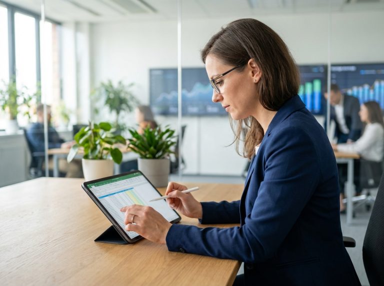 Femme d affaires en costume bleu travaillant sur une tablette dans un bureau moderne