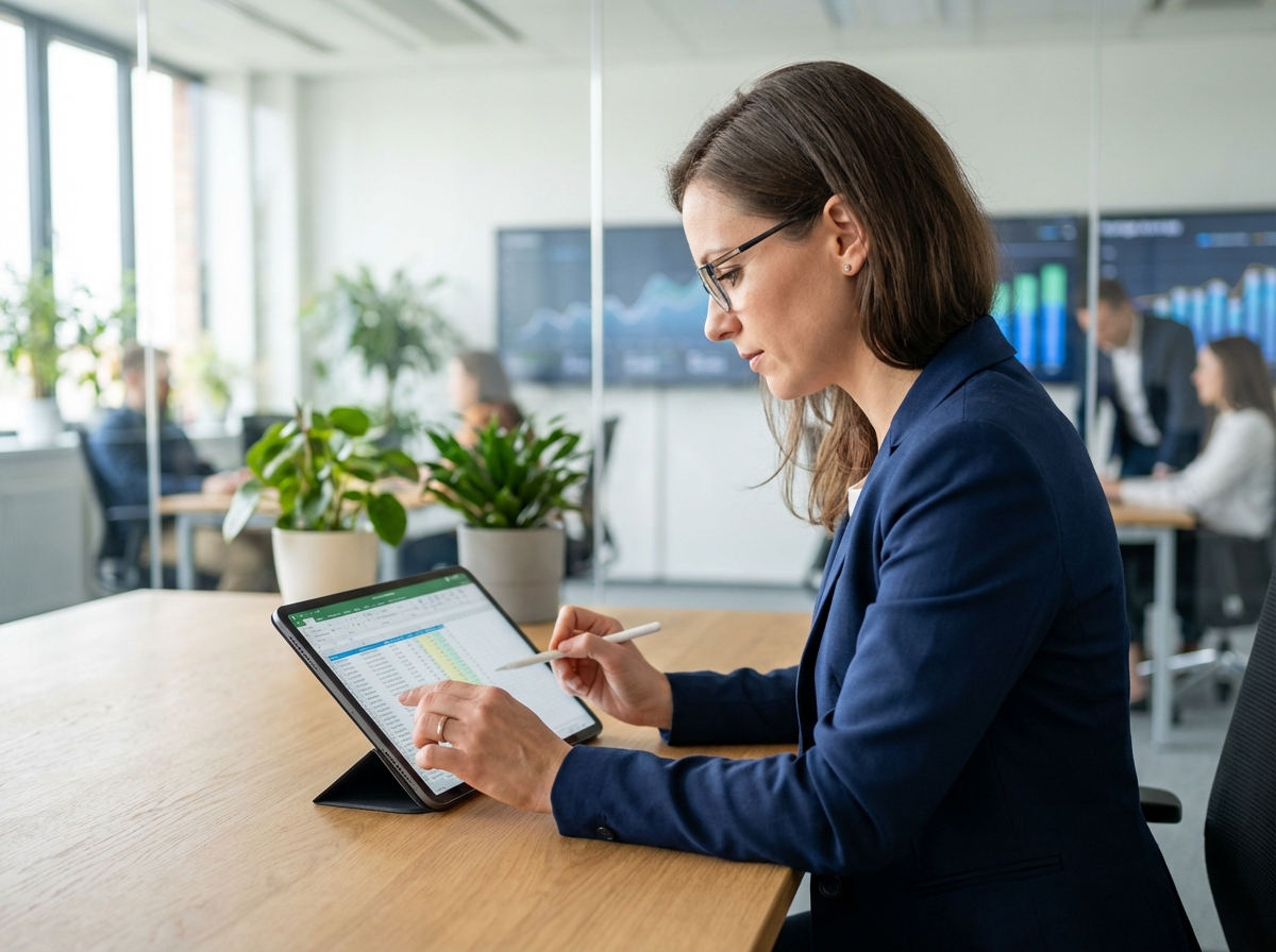 Femme d affaires en costume bleu travaillant sur une tablette dans un bureau moderne