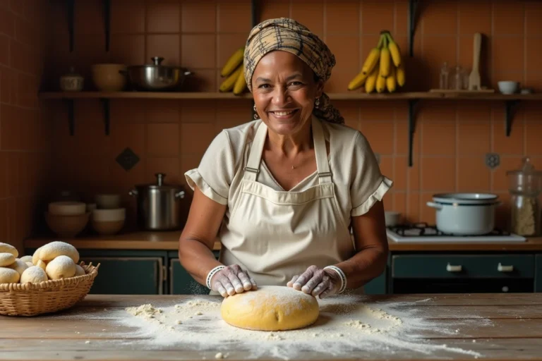 Femme antillaise en madras pétrissant la pâte à pain au beurre dans une cuisine traditionnelle caribéenne