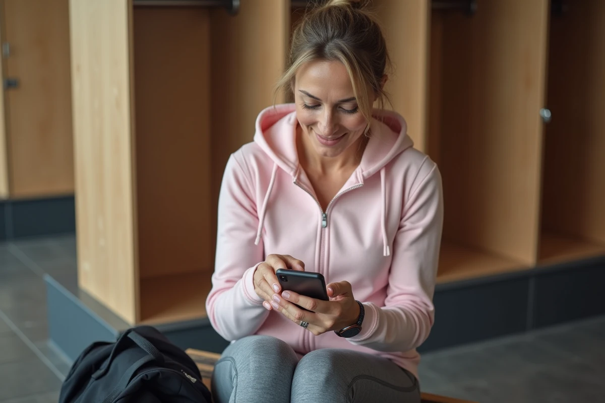 Femme consultant son application fitness sur smartphone avant une séance dans une salle de sport sans engagement