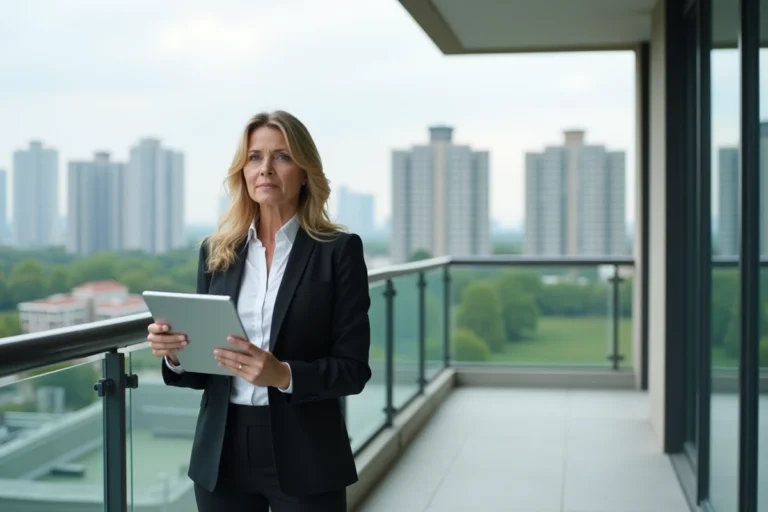 Femme d affaires sur balcon avec vue urbaine