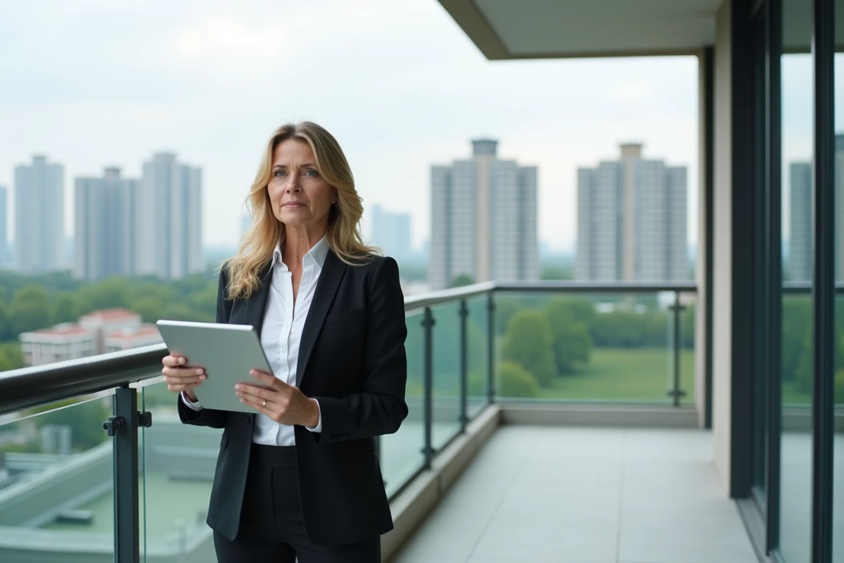 Femme d affaires sur balcon avec vue urbaine