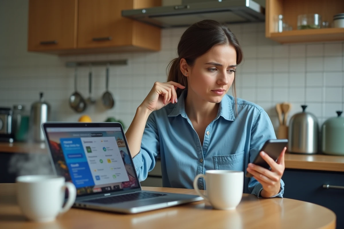 Jeune femme frustrée utilisant un ordinateur dans la cuisine