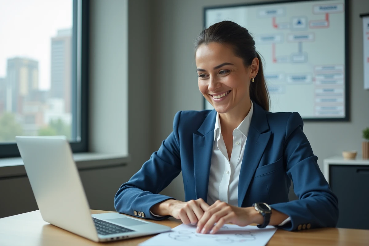 Femme entrepreneure souriante travaillant sur un flowchart