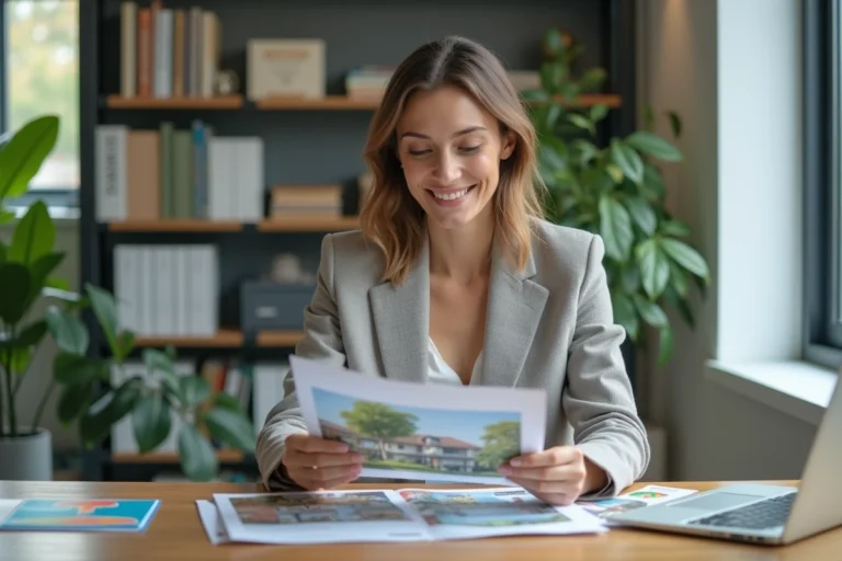 Femme souriante examinant des brochures immobilières dans un bureau lumineux