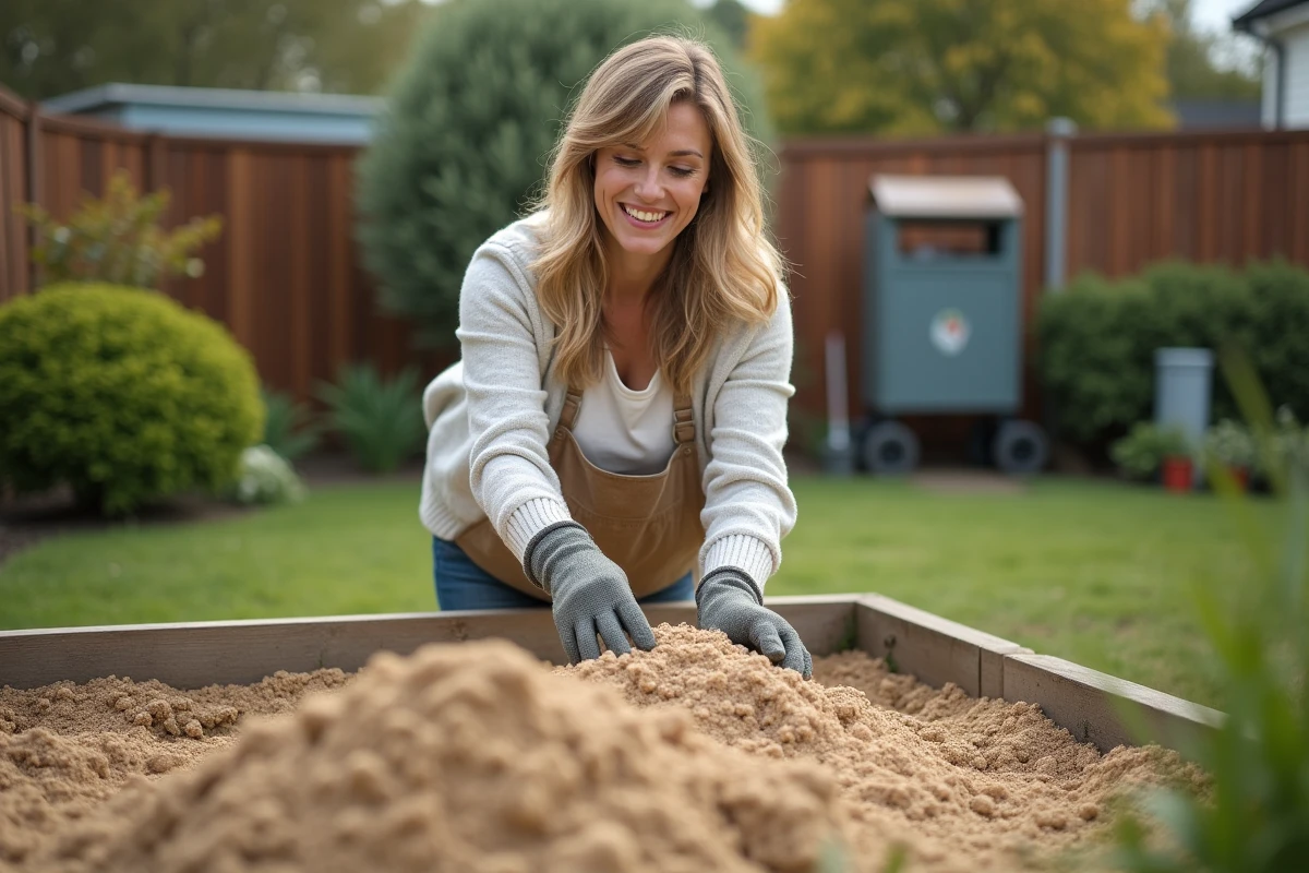 Femme souriante étalant du sable dans son jardin