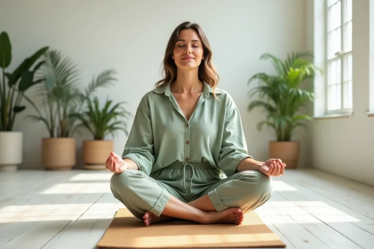 Femme pratiquant la méditation sur un tapis de yoga dans un studio minimaliste aux tons naturels