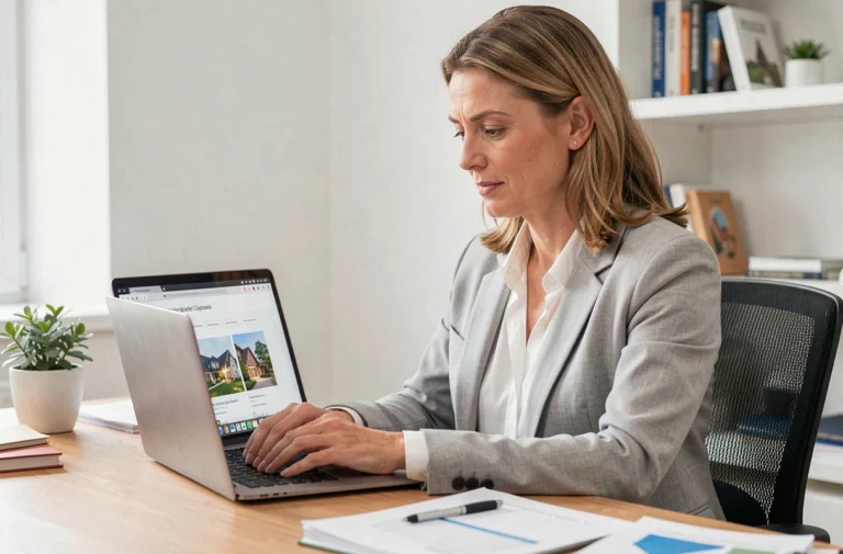 Femme professionnelle explorant le site immobilier Catherine Immo sur un ordinateur portable dans un bureau moderne