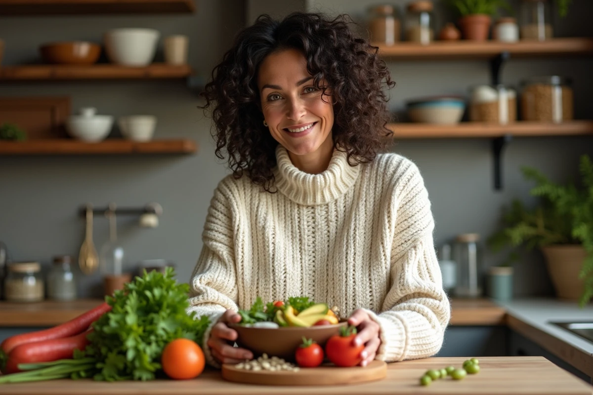 Femme préparant un bol de légumes frais et sains dans une cuisine chaleureuse pour un mode de vie bien-être