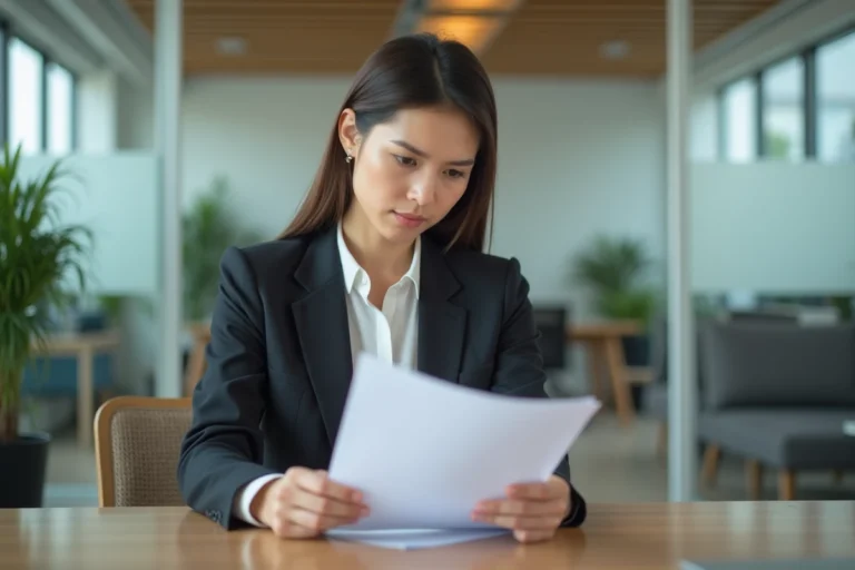 Femme en bureau immobilier examine des documents de location