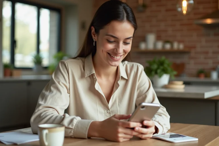 Femme consultant une application de recherche de location sur son smartphone dans un appartement moderne et chaleureux