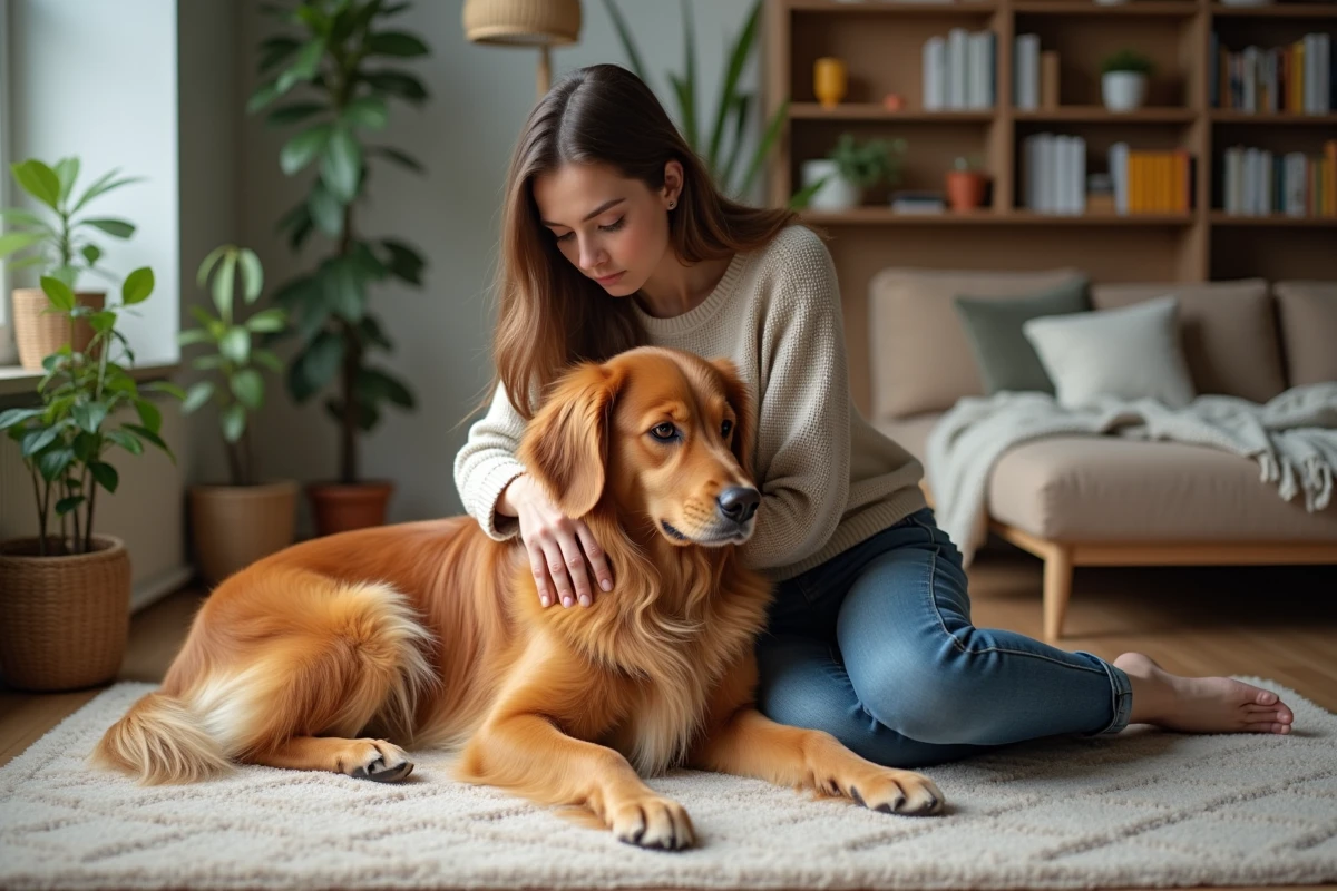Jeune femme avec son retriever dans un salon moderne