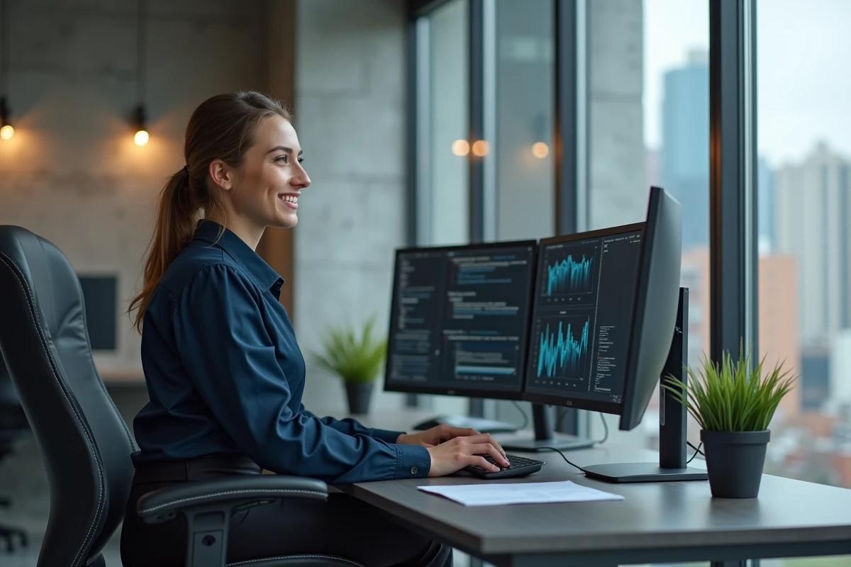 Jeune femme IT travaillant sur double écran dans un bureau