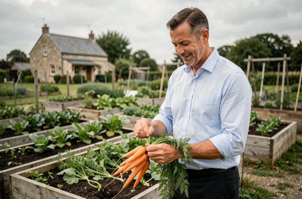 Fonctionnaire en chemise professionnelle inspectant des légumes dans son potager personnel le week-end