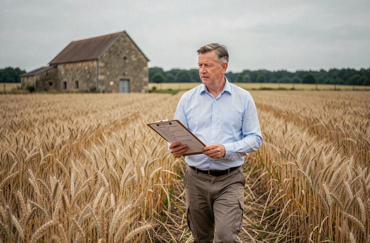 Agent de la fonction publique inspectant ses cultures de blé sur son exploitation agricole en milieu rural