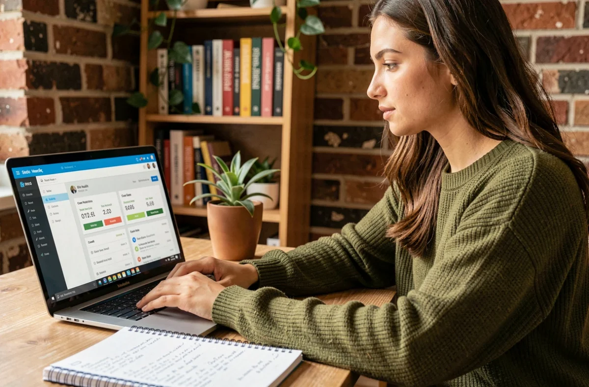 Jeune femme freelance analysant un audit SEO sur son ordinateur portable dans un espace de travail à domicile
